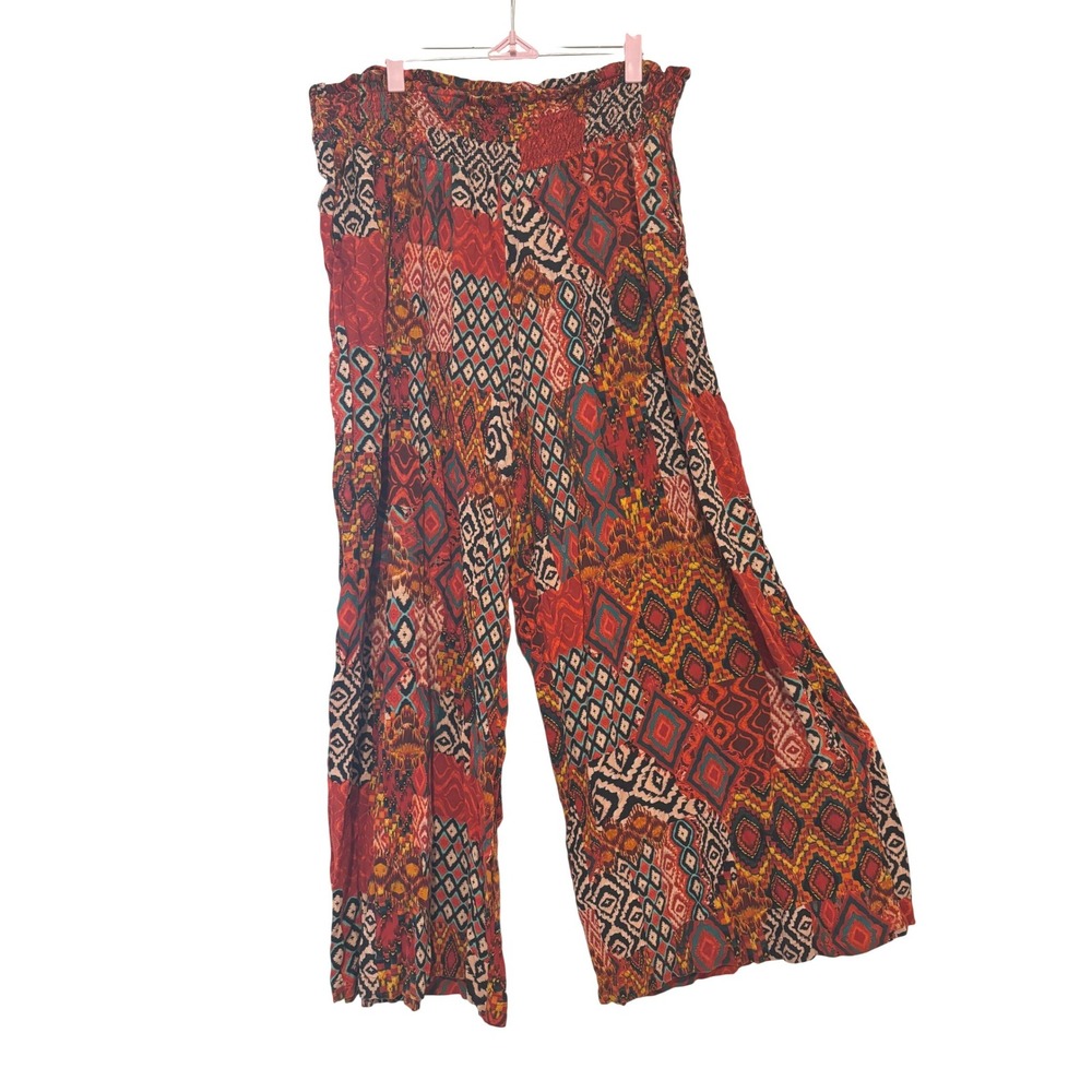 Torrid sz 3R wide elastic waist red patchwork pattern wide leg boho pants NM